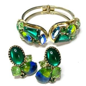 Julianna Bracelet & Clip Earrings Givre Blue Green Gold Vtg Estate Jewelry F08